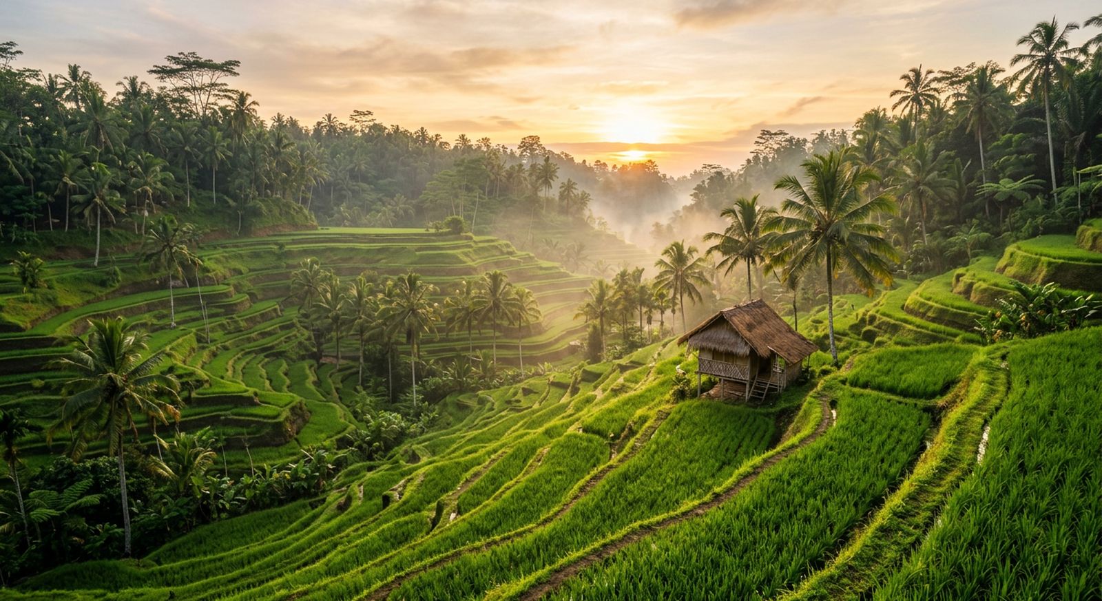 Green rice terraces with palm trees and a small hut at sunrise in Bali