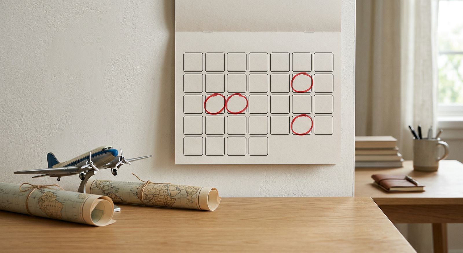 Calendar with dates circled next to a model airplane and a world map