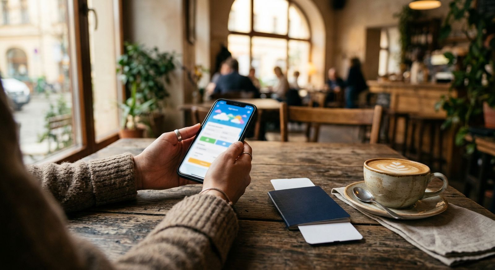 Traveller comparing flight prices on a phone next to a passport and coffee