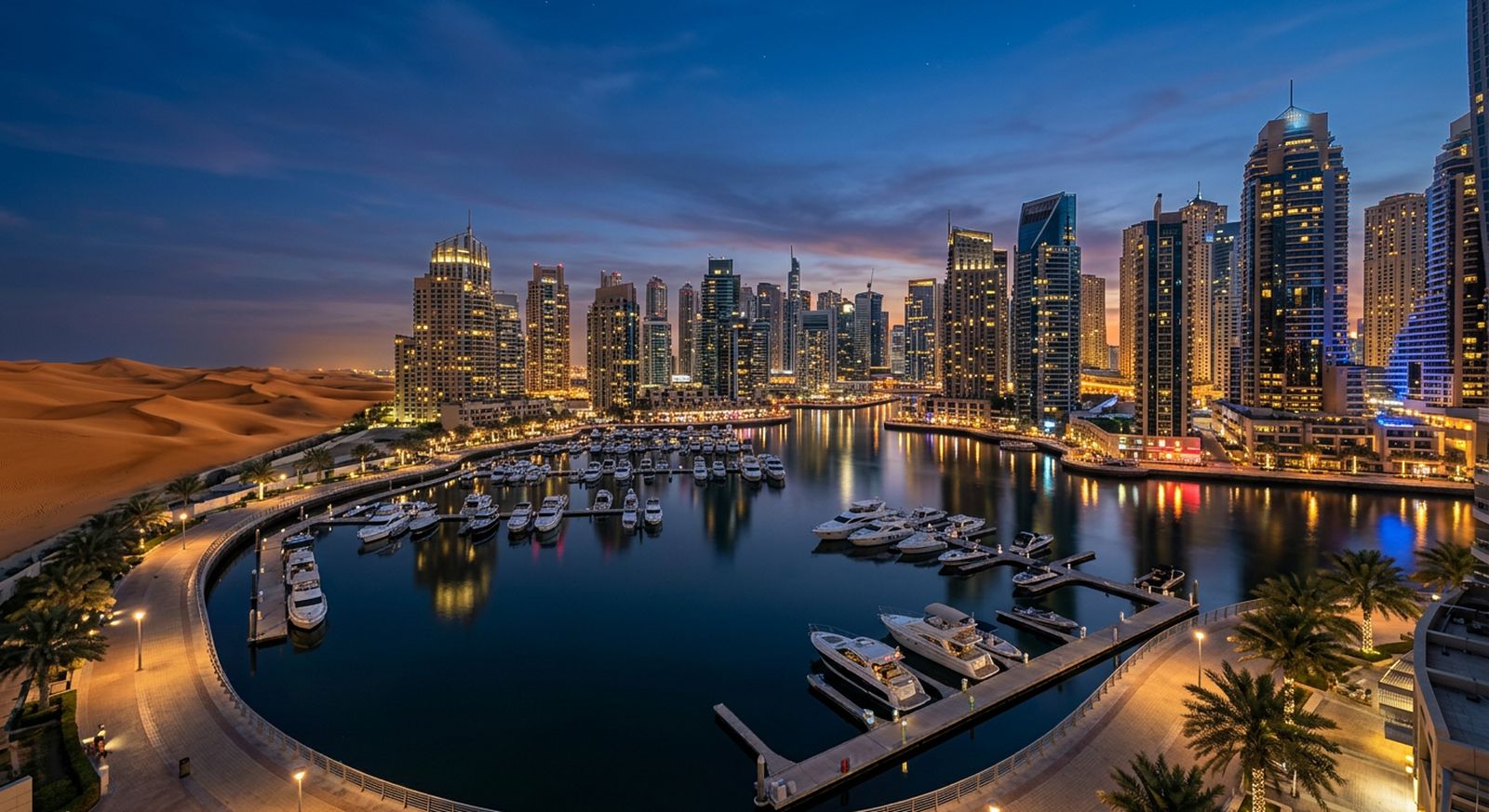 Modern skyscrapers reflected in a marina at blue hour with desert dunes nearby