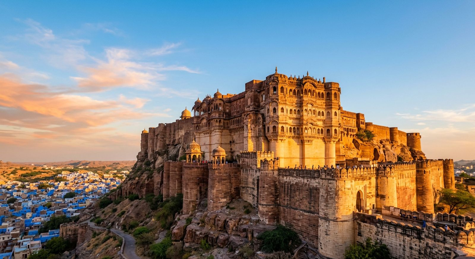 Sandstone fort and palace with carved balconies glowing at sunset in Rajasthan