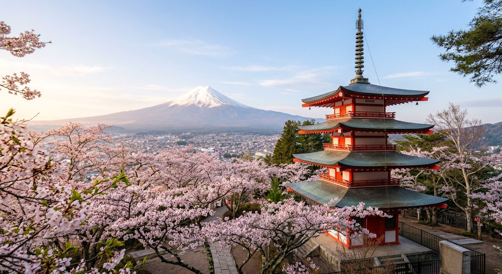 Red five-storey pagoda among cherry blossom trees with a snow-capped volcano behind