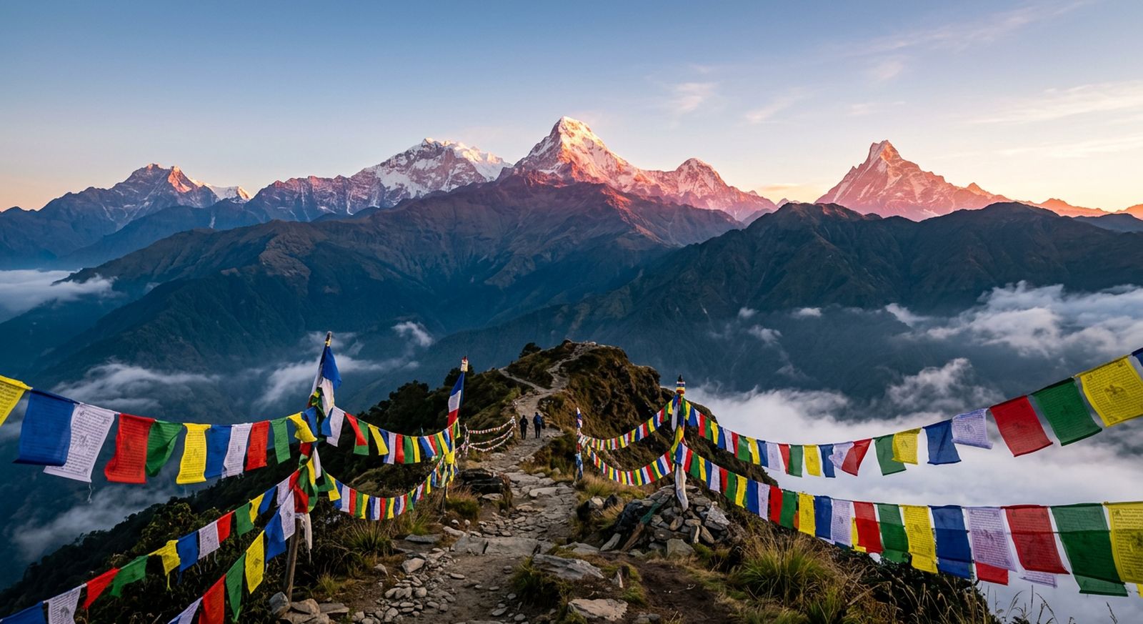 Snow-capped Himalayan peaks at sunrise above a ridge trail lined with prayer flags