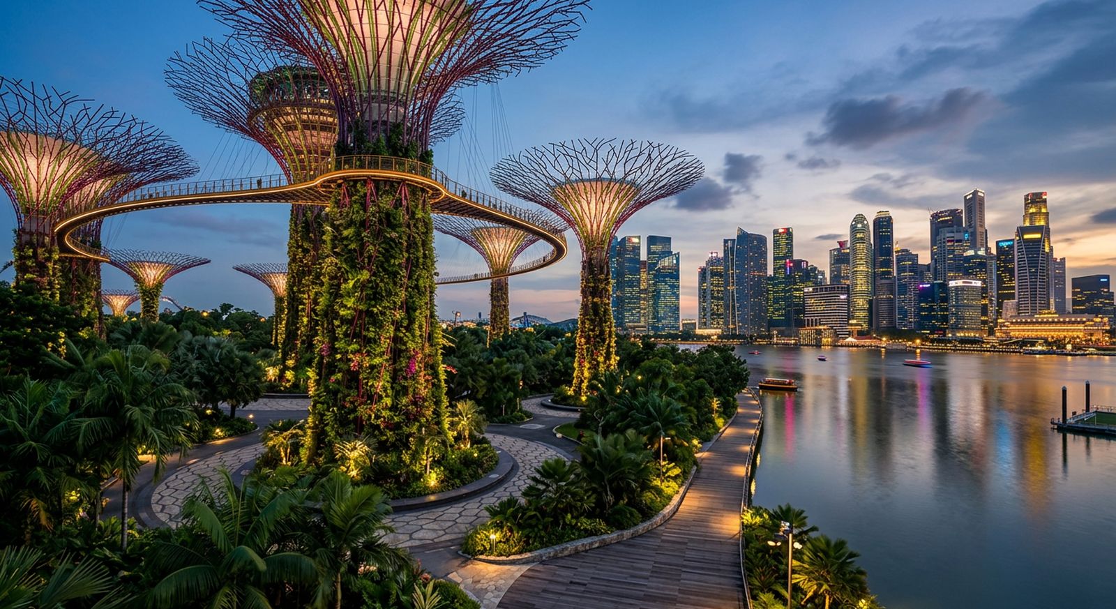 Futuristic vertical garden structures glowing at dusk beside a modern skyline