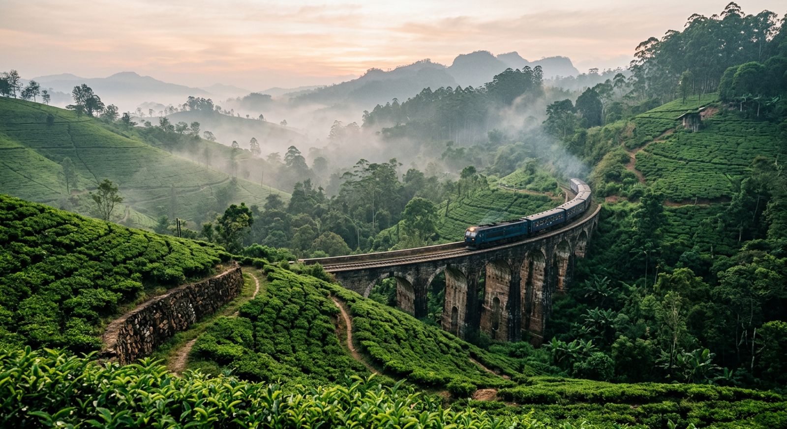 Tea plantations and a stone railway viaduct in misty hills in Sri Lanka