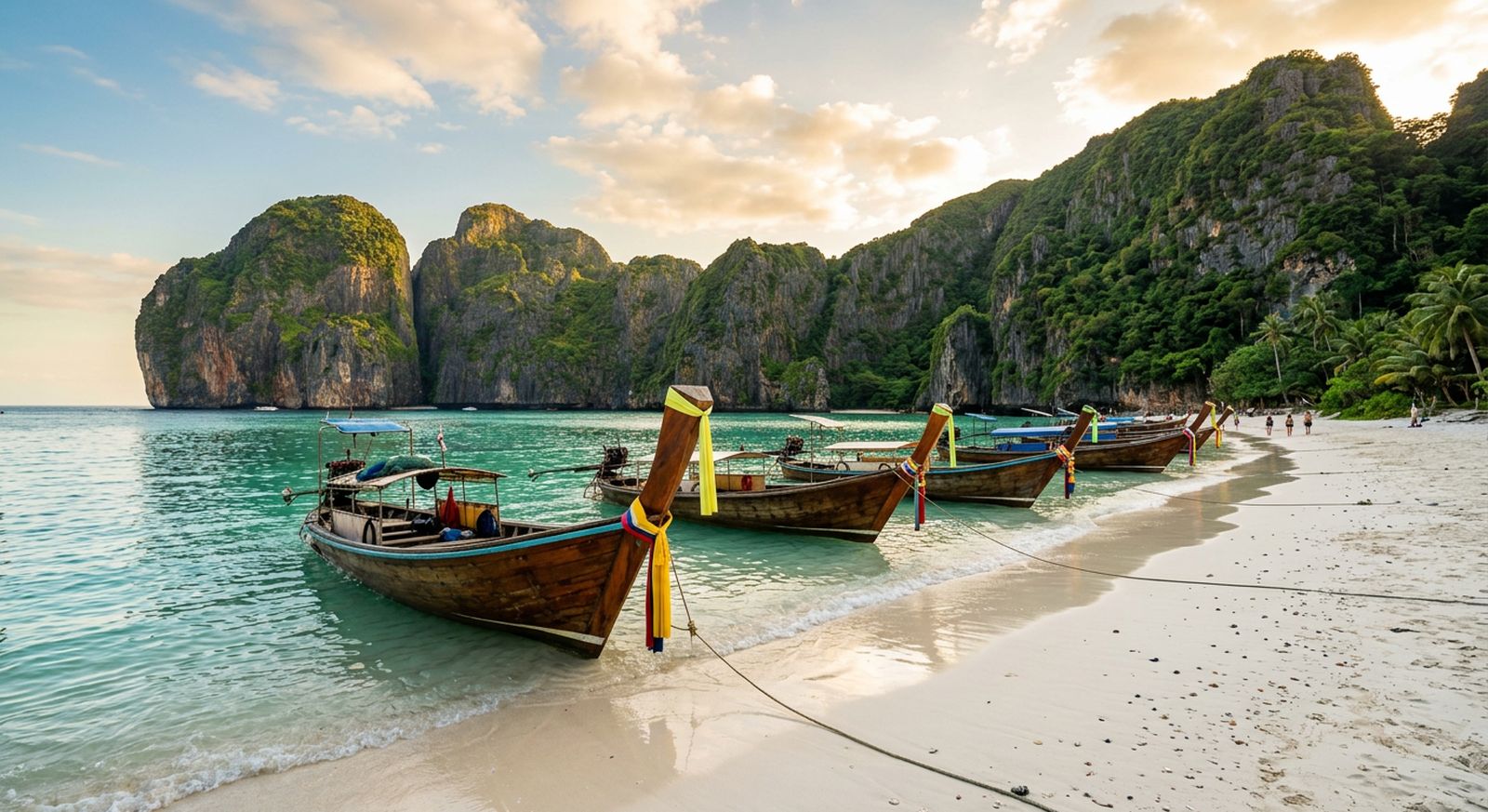 Wooden longtail boats on a white sand beach below limestone cliffs in southern Thailand