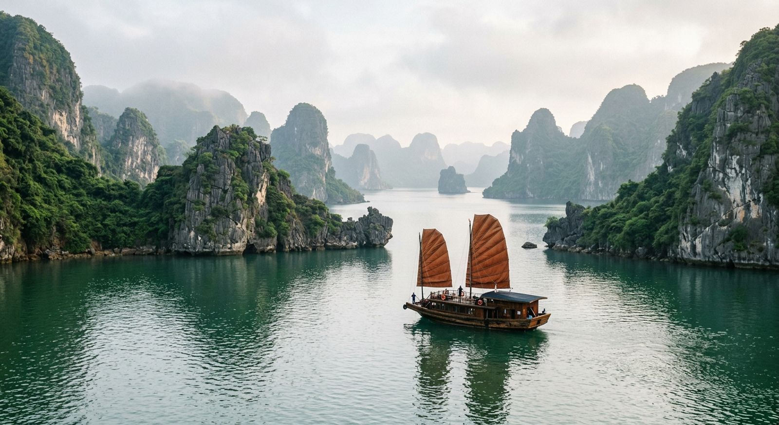 Traditional junk boat with orange sails among limestone islands in a misty bay
